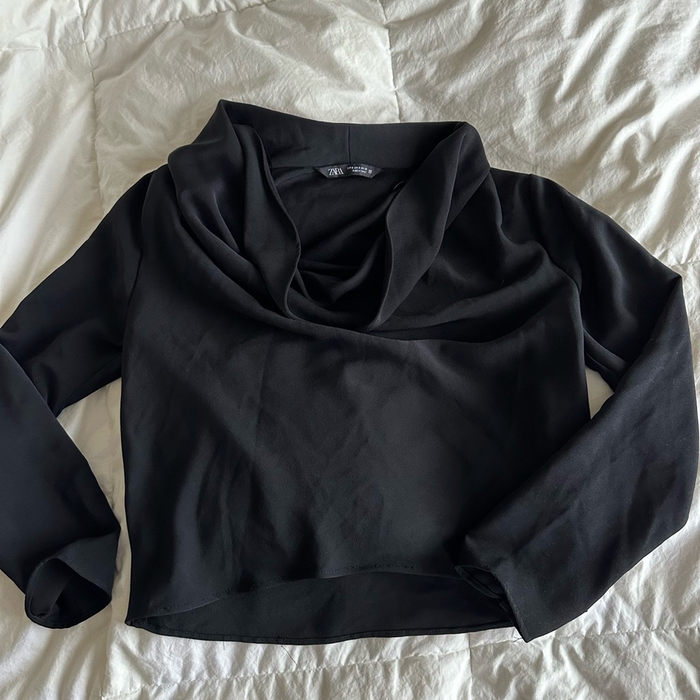 ZARA Black Draped Neck Long Sleeve Top